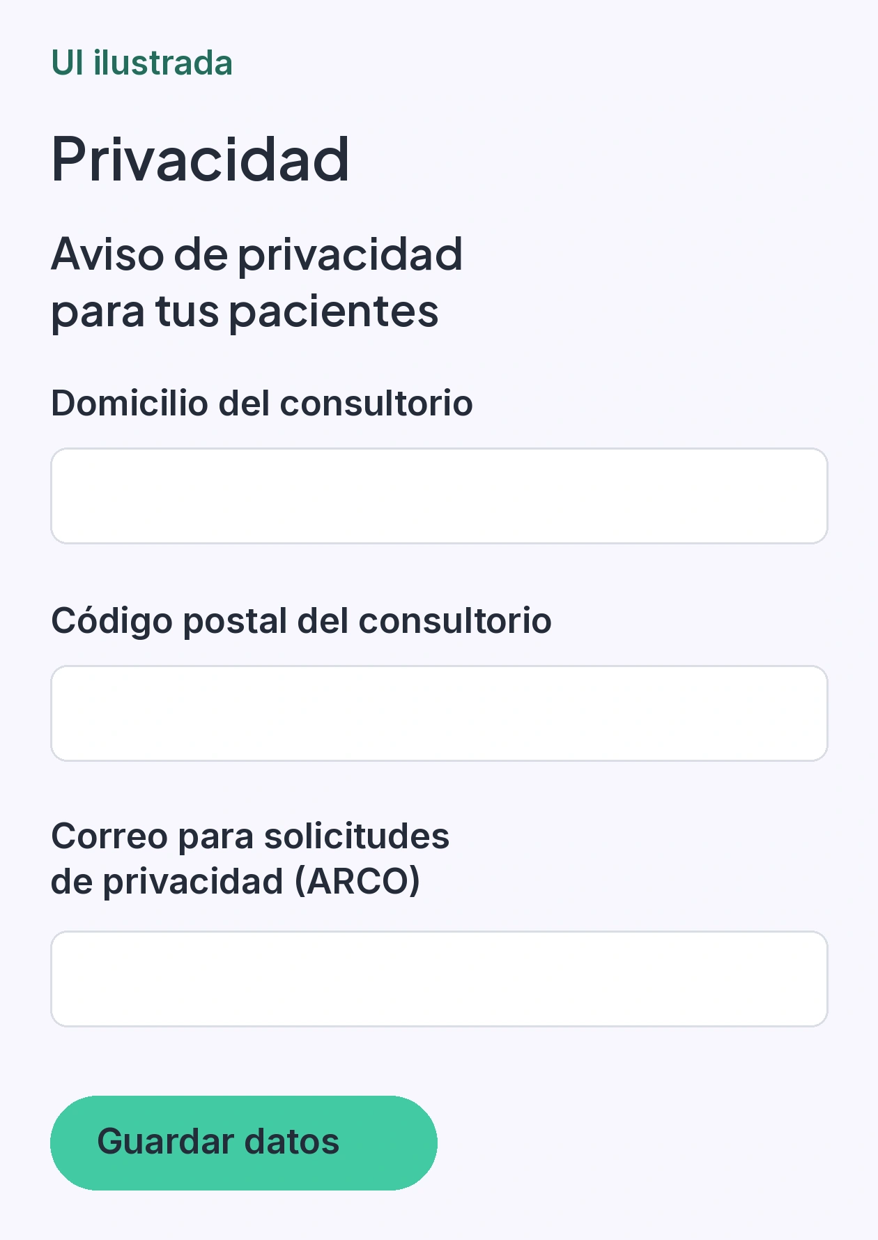 UI ilustrada de Privacidad con domicilio del consultorio y correo para solicitudes ARCO