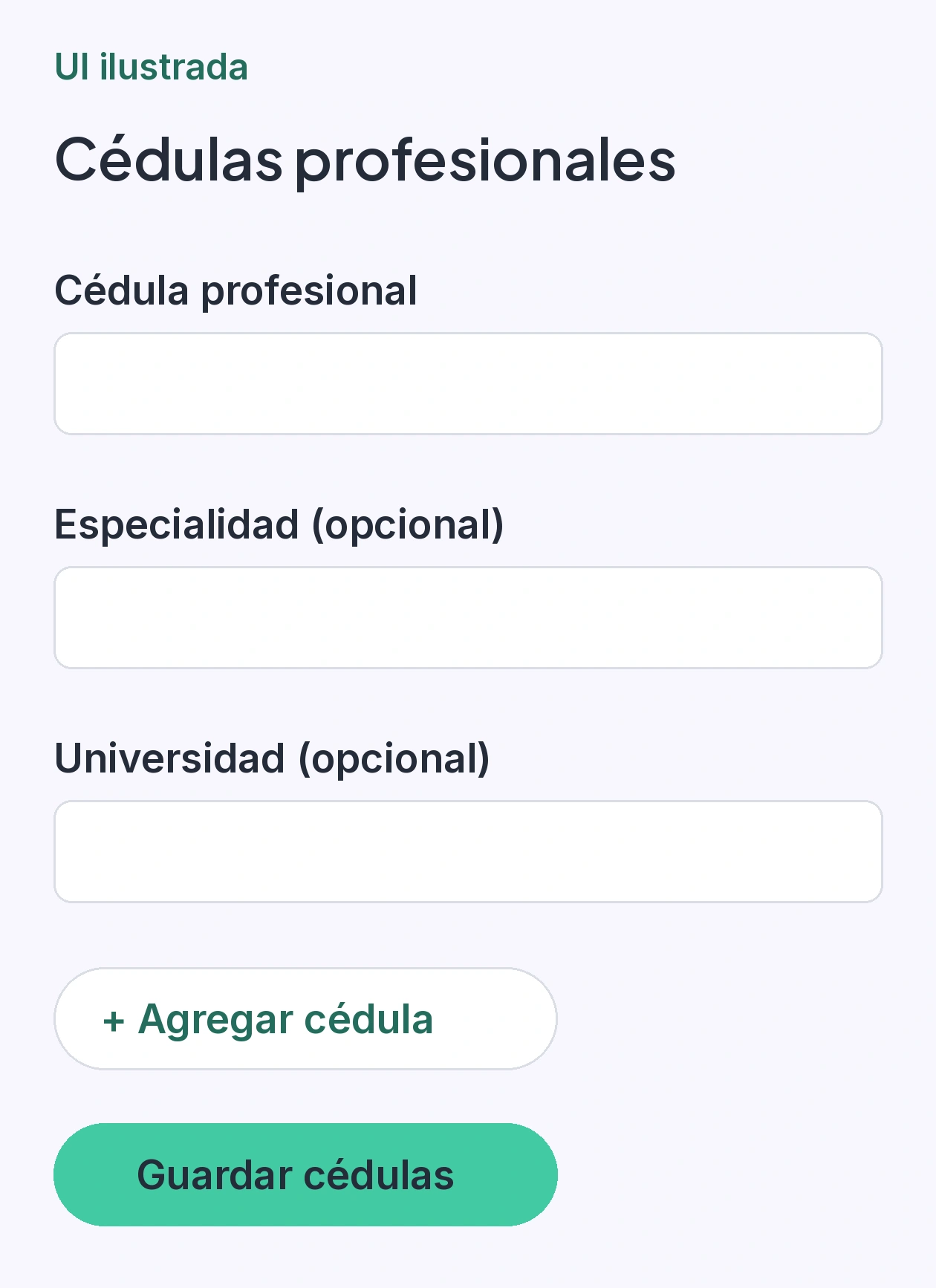 Campos de cédula de especialidad en recetas: número, especialidad y universidad