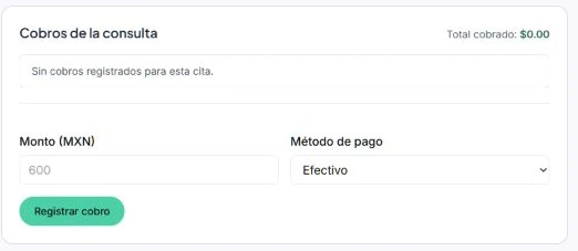 Registro de cobros de la consulta en Amélie con monto en pesos y método de pago
