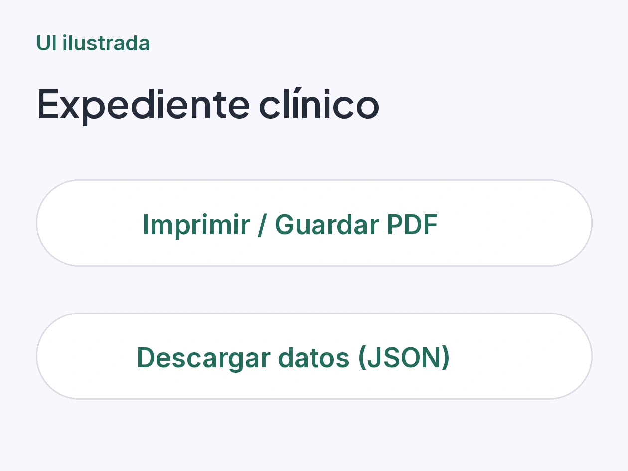 Controles para imprimir, guardar PDF y descargar datos del expediente clínico