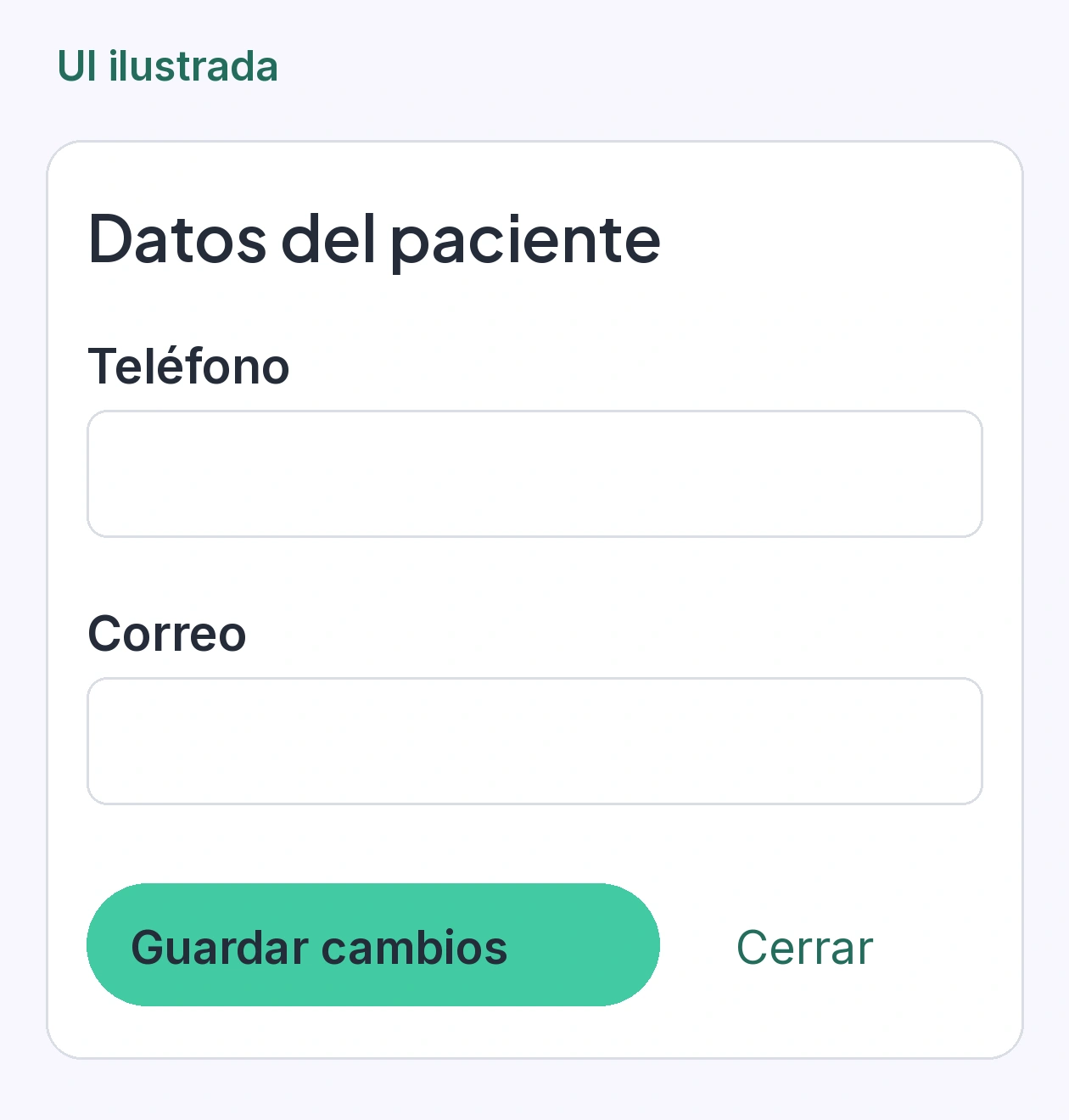 Formulario de corrección con los campos de teléfono y correo, y los botones Guardar cambios y Cerrar