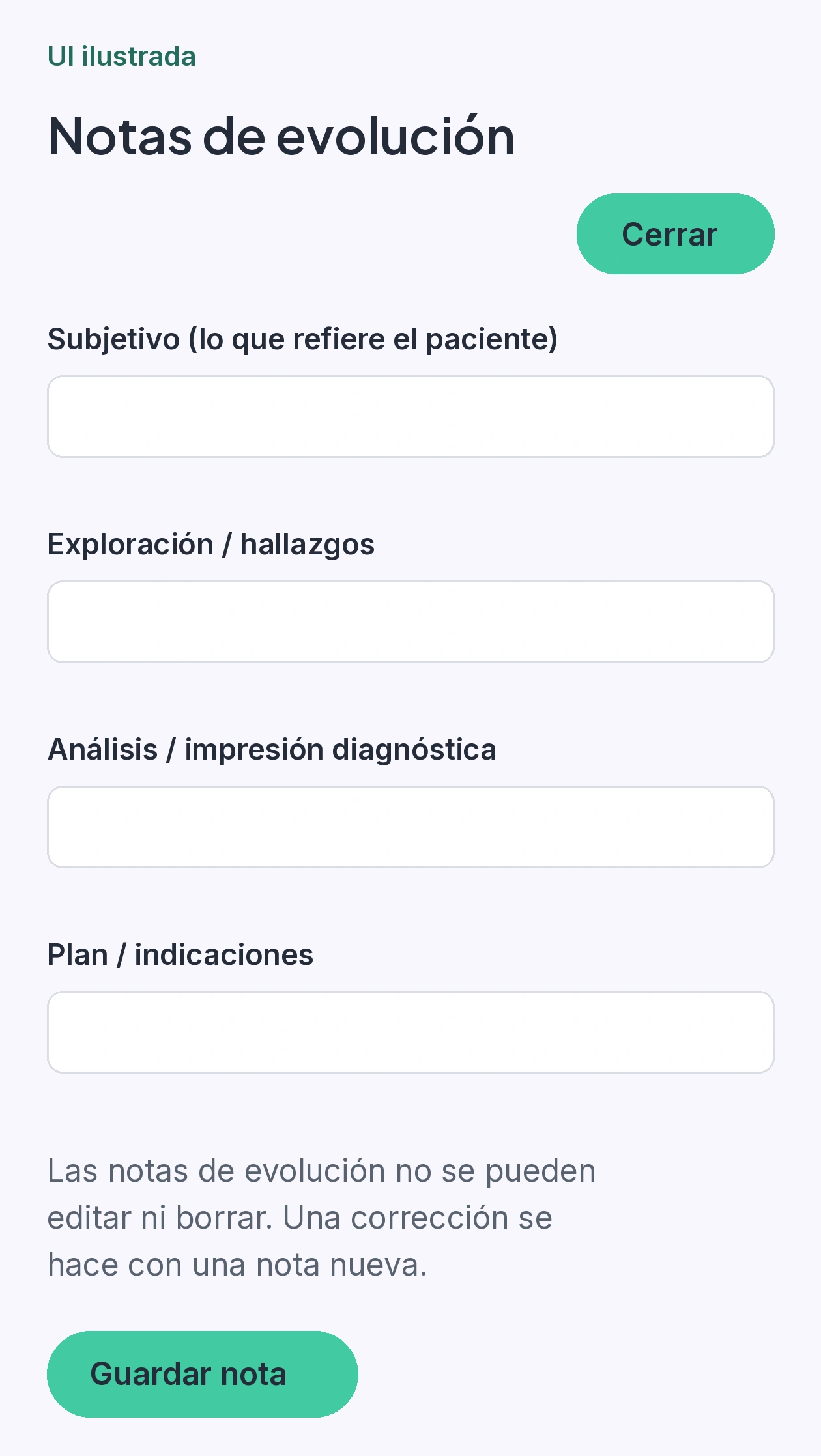 Formulario de nueva nota con el aviso de que las correcciones se registran en una nota nueva