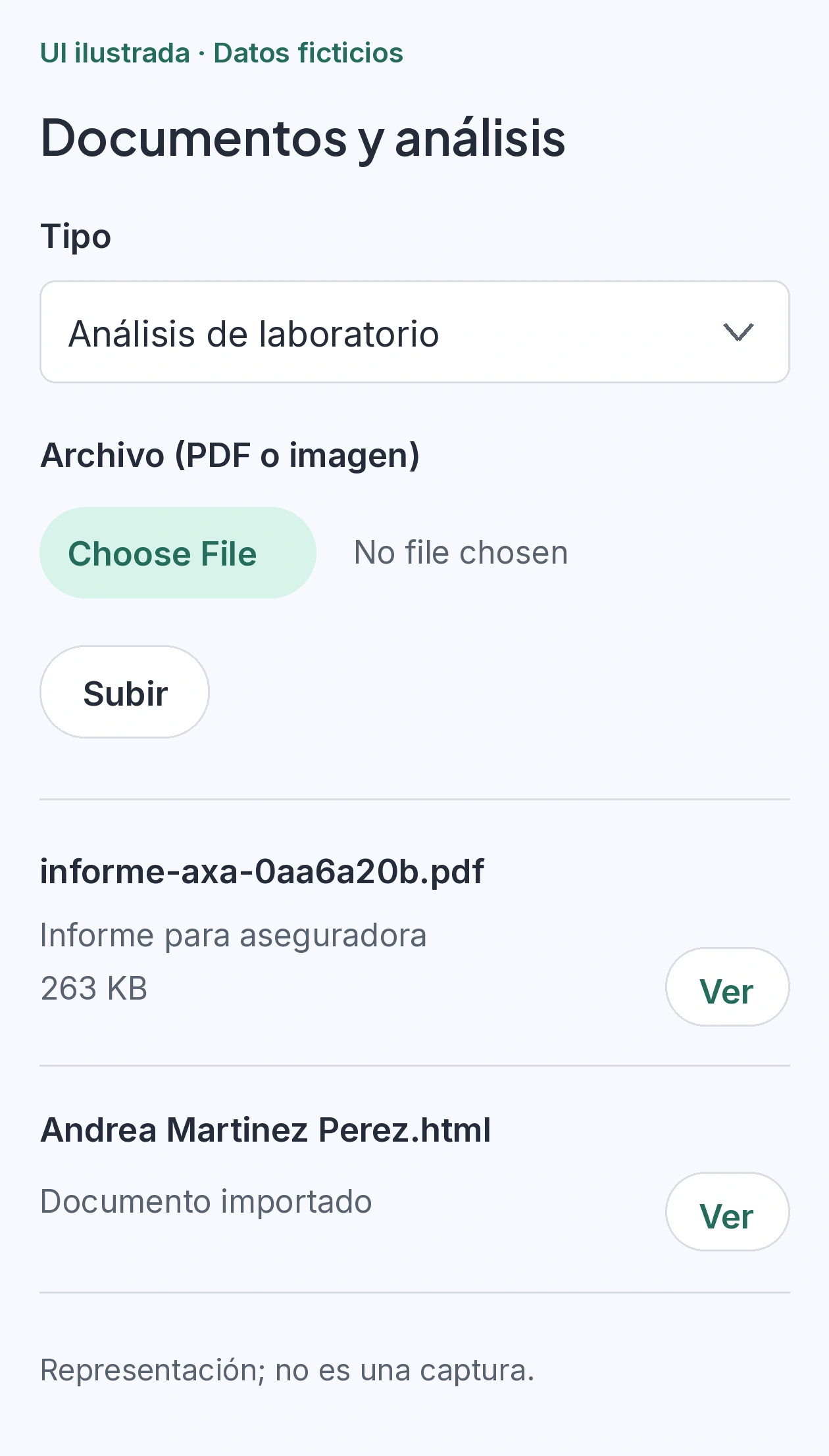 Sección Documentos del expediente clínico con selector de tipo, carga de archivo y botones Ver