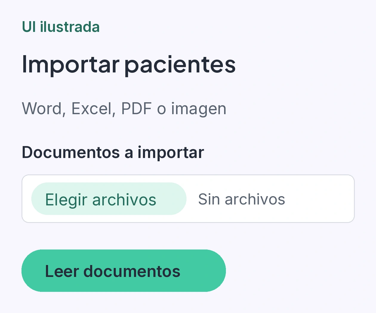 Selector de documentos y botón Leer documentos para importar pacientes desde Excel