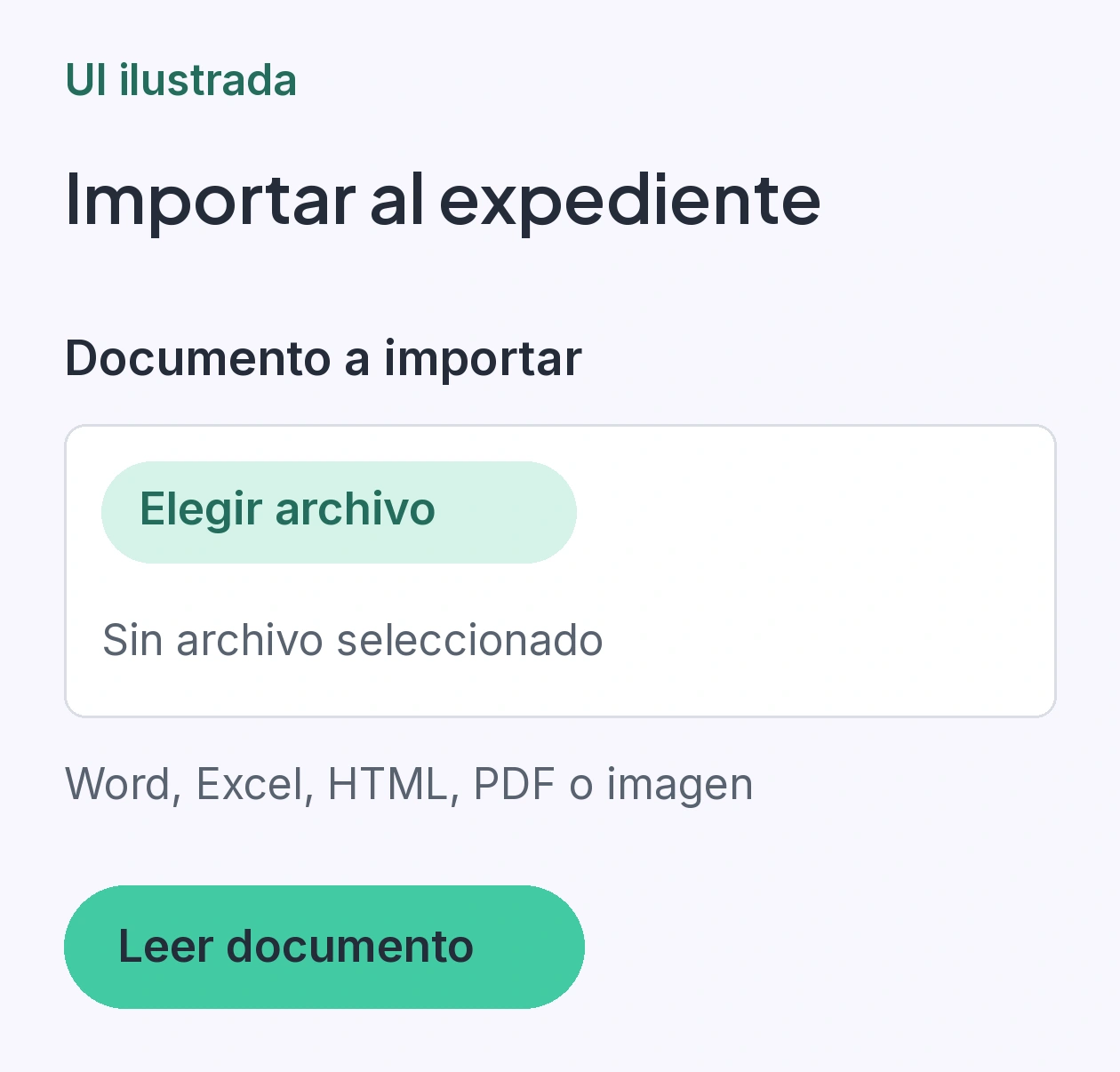 UI ilustrada de Importar al expediente con selector de documento y botón Leer documento