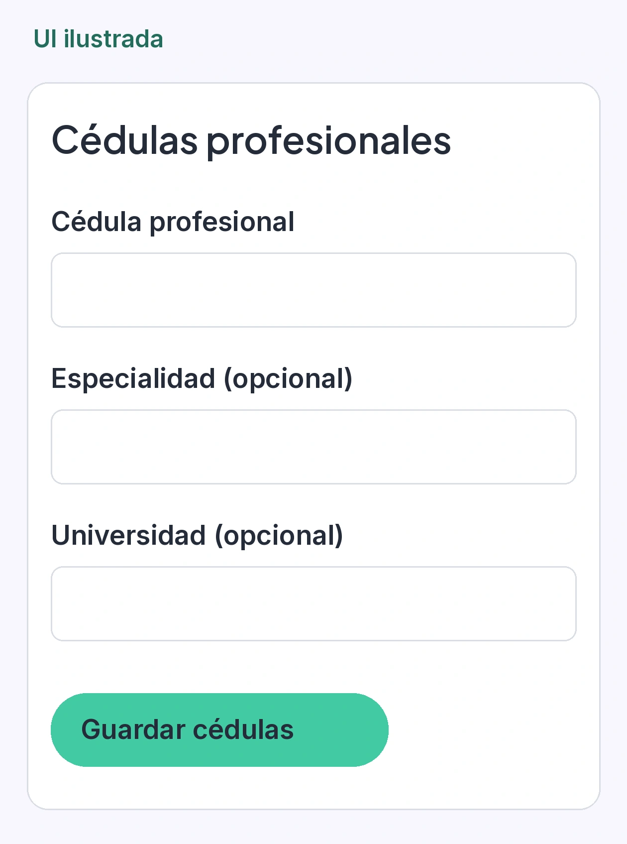 Campos de cédula profesional, especialidad y universidad en los ajustes de Amélie