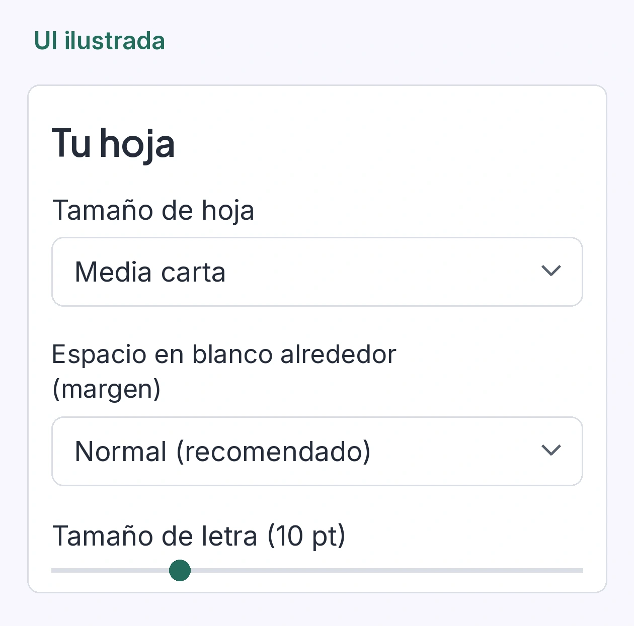 Panel Tu hoja con Media carta seleccionada, margen normal y control de tamaño de letra
