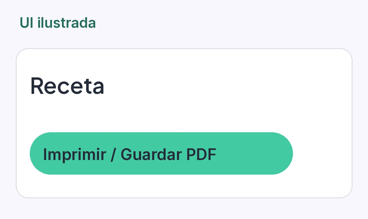 UI ilustrada del botón Imprimir / Guardar PDF en la vista de una receta