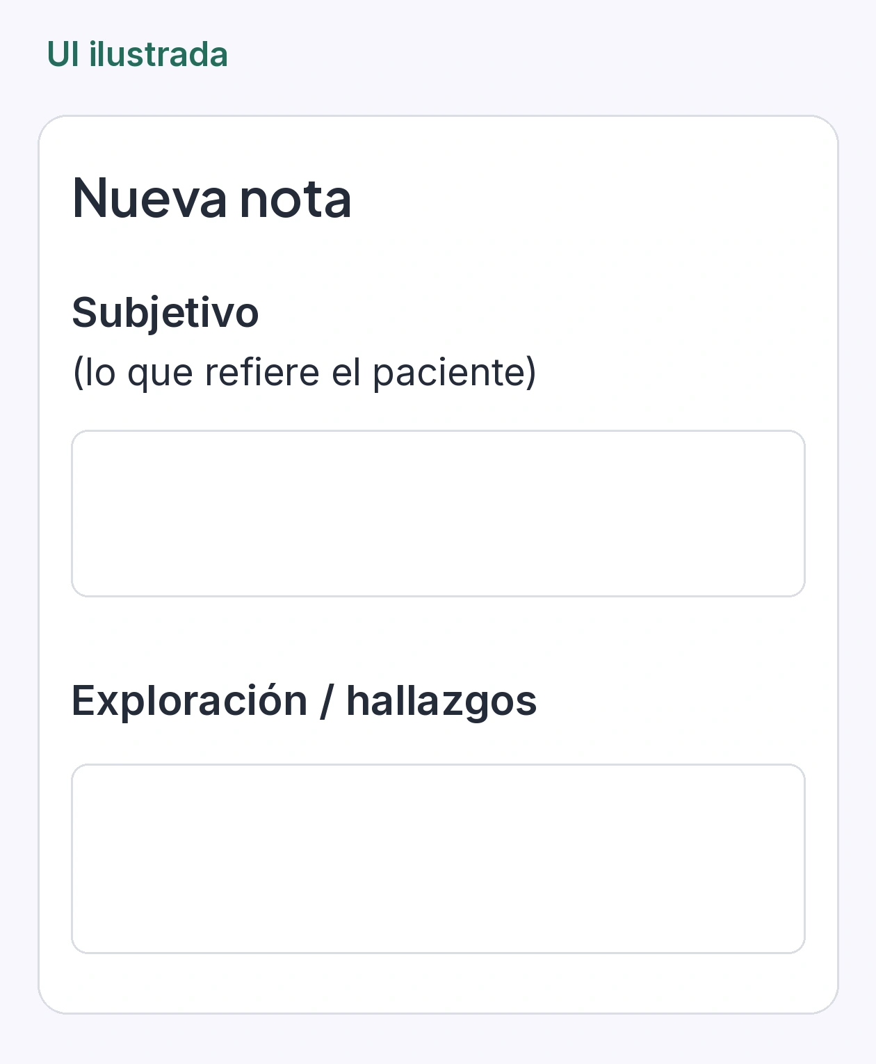 Formulario de nueva nota de evolución en Amélie, con los campos Subjetivo y Exploración o hallazgos abiertos