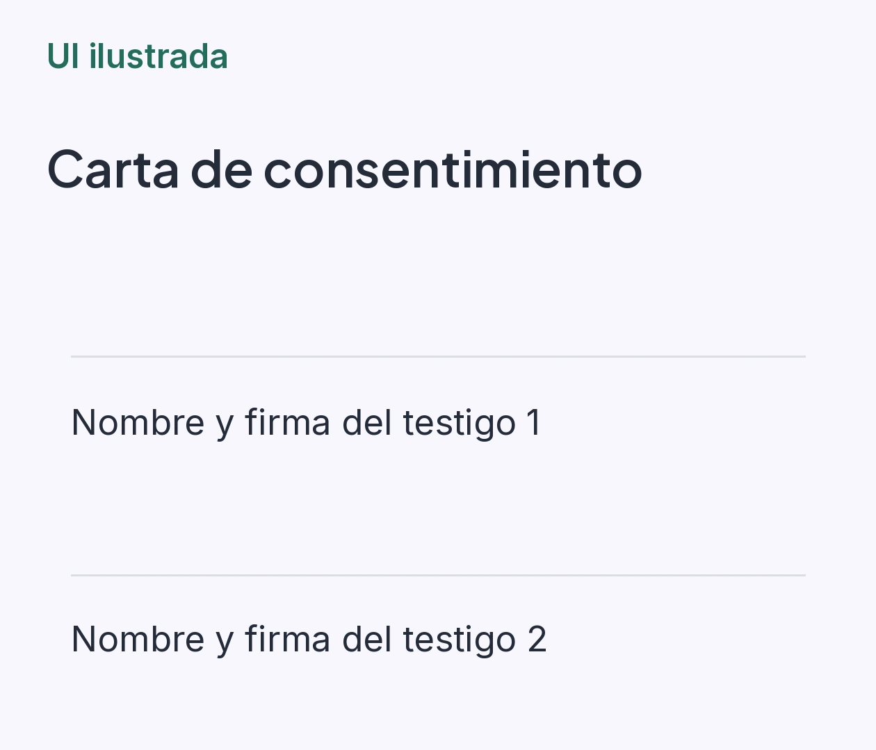 Espacios separados para nombre y firma de testigo 1 y testigo 2 en la carta de consentimiento